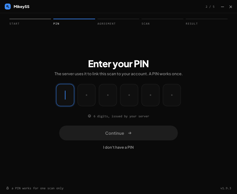 The MikeySS scanner asking for a PIN